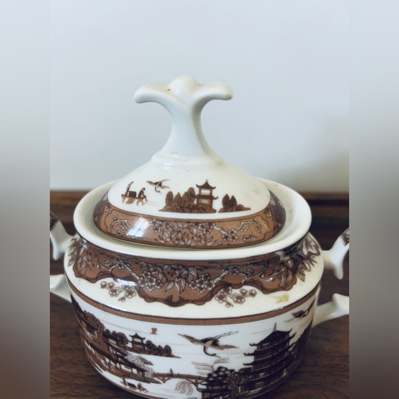 Vintage Brown Willow Sugar Bowl and Medium Platter | Collection |Gracie China | - Picture 3 of 6